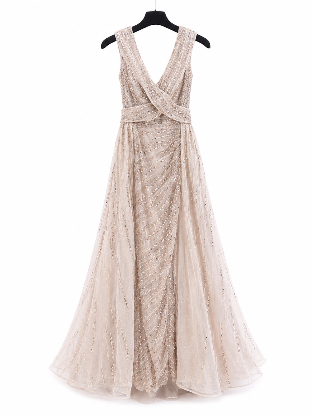 Catwalk 60133 Champagne Beaded V-Neck Evening Gown